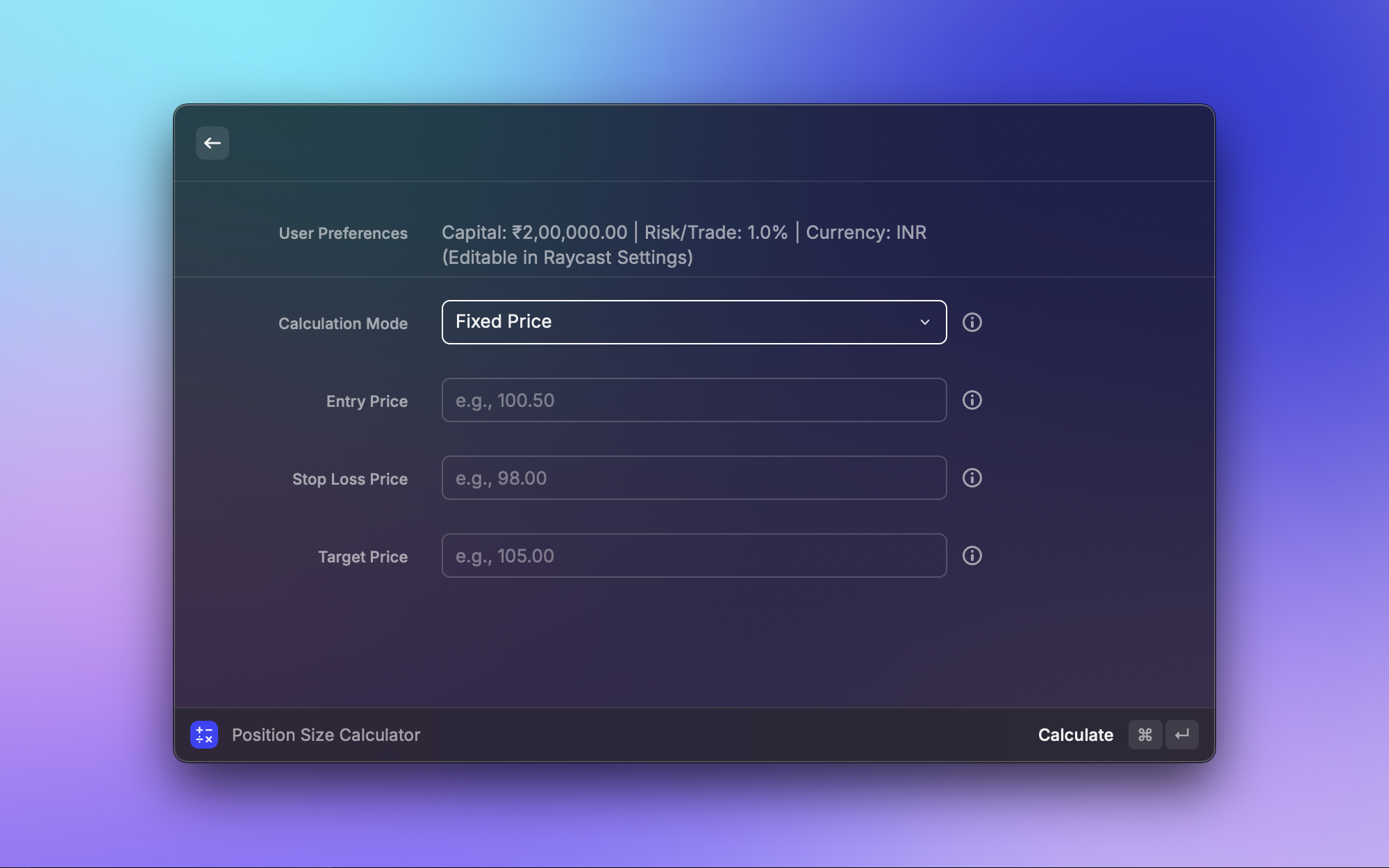 Raycast Store: Position Size Calculator